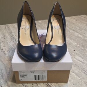 NWT Jessica Simpson Navy Baby Blue Rounded-Toe Wedges- Navy 7.4